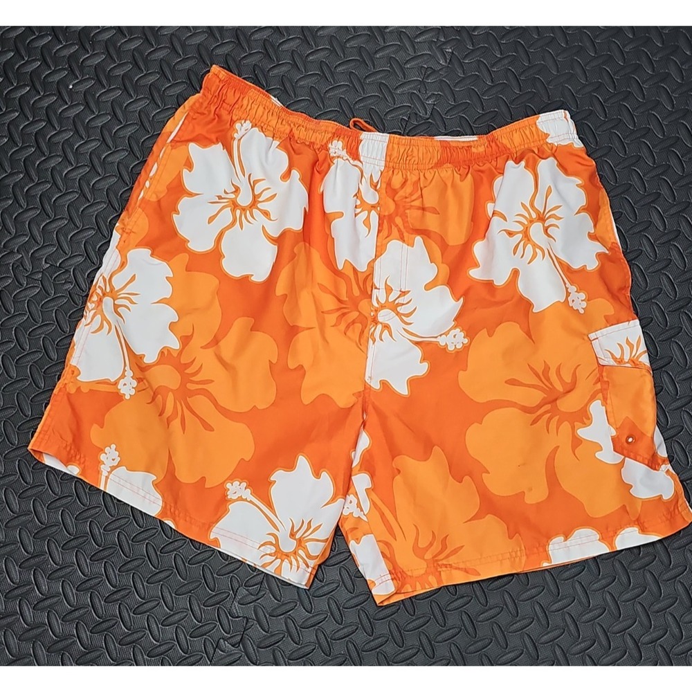 SAND N SUN Men's Swim Trunks Orange White Hibiscus Hawaii Floral XL 40/42